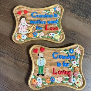 VTG 80s Atlantic Mold Grandma Grandpa Love Ceramic Wall Plaque Set Hand Painted